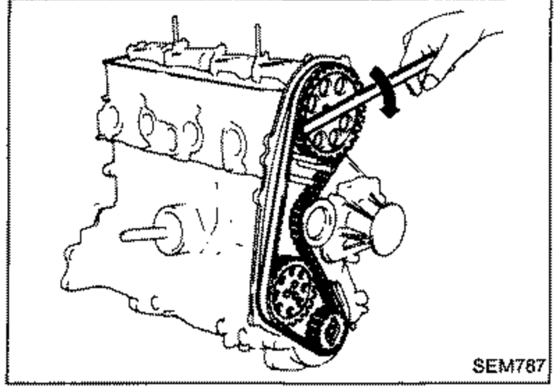 Front view of the engine showing the timing belt routed around the camshaft and crankshaft sprockets and tensioner.