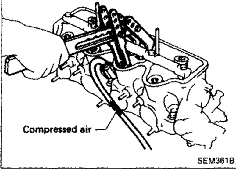 Compressed air being applied via an air hose adapter into a spark plug hole to hold valves in place. Labeled 'Compressed air'.