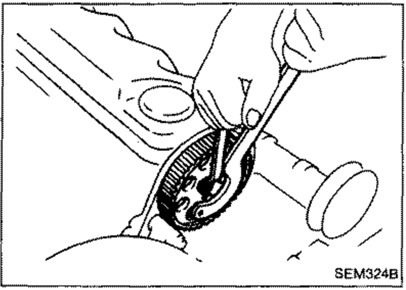 Hands using a tool to hold/remove the camshaft sprocket and front cover.