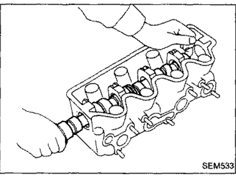 Camshaft being removed from the front side of the cylinder head.