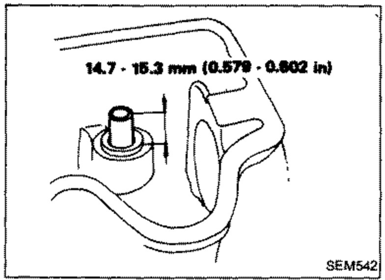 Pressing the service valve guide onto the cylinder head. Dimension callout '14.7 - 15.3 mm (0.579 - 0.[?]02 in)' indicating press-in projection height.
