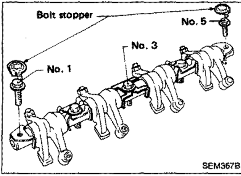 Rocker shaft showing locations of bolt stoppers to be installed on No. 1, No. 3 and No. 5 bolts.