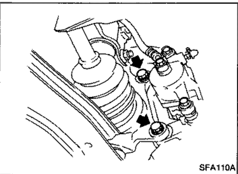 Front brake caliper assembly and rotor with an arrow indicating the caliper mounting; shows where to remove the brake caliper assembly without disconnecting the brake hose.