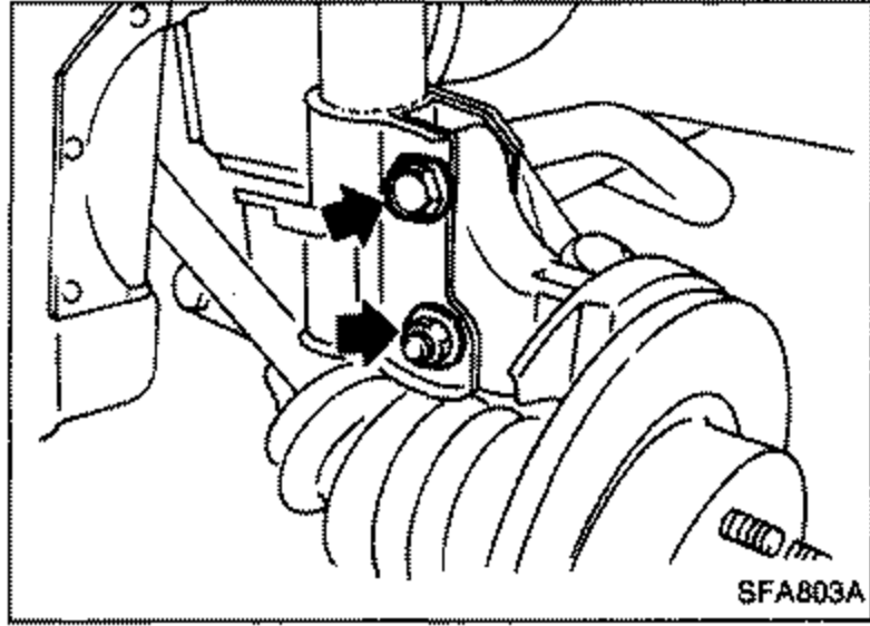 Knuckle and strut assembly with arrows pointing to the knuckle-to-strut bolts to be removed (RH & LH).