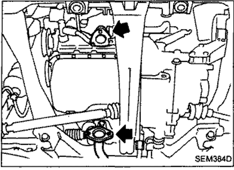 Underside view of the transaxle/engine mounting member with arrows pointing to the front and right engine mounting bolts and center member.