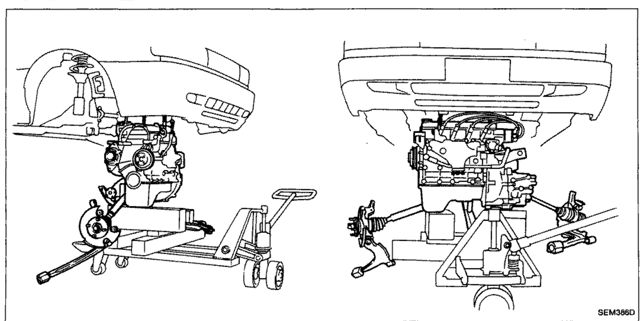 Two views showing the engine with transaxle being lowered/removed from the vehicle onto a transmission jack, illustrating how to remove the engine with transaxle as shown.