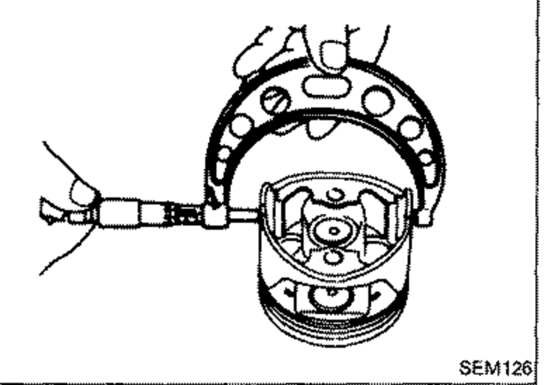 A hand measuring piston skirt diameter "A" with a micrometer.