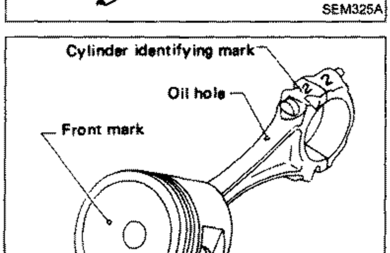 Piston and connecting rod assembly showing cylinder identifying mark, oil hole, and front mark on the piston head. Labels: 'Cylinder identifying mark', 'Oil hole', 'Front mark'.