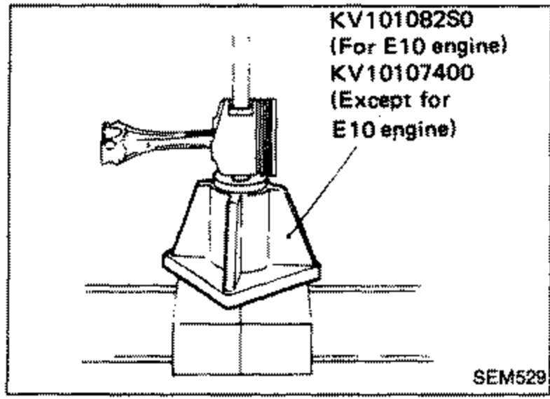 Pressing piston pin into connecting rod using a piston pin press tool. Labelled tools: KV10108250 (For E10 engine), KV10107400 (Except for E10 engine).