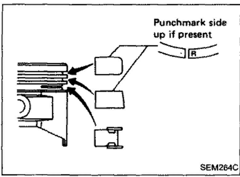 Piston ring installation diagram showing ring positions and 'Punchmark side up if present' label, with detail boxes showing the R / punchmark orientation.