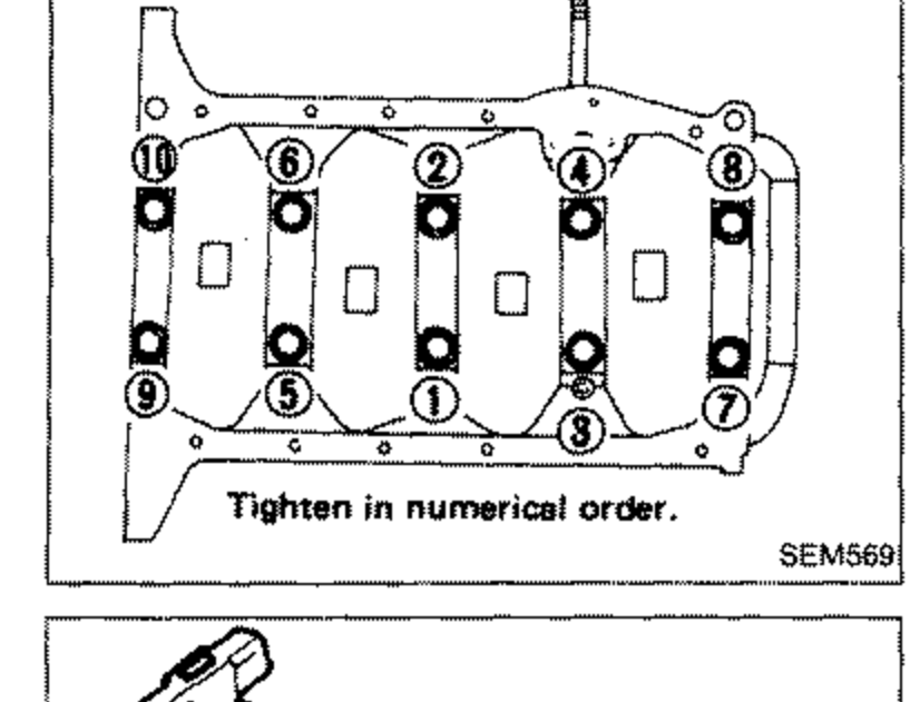 Main bearing cap bolt tightening sequence diagram showing block bottom with bolts numbered 1 through 10. Label 'Tighten in numerical order.'