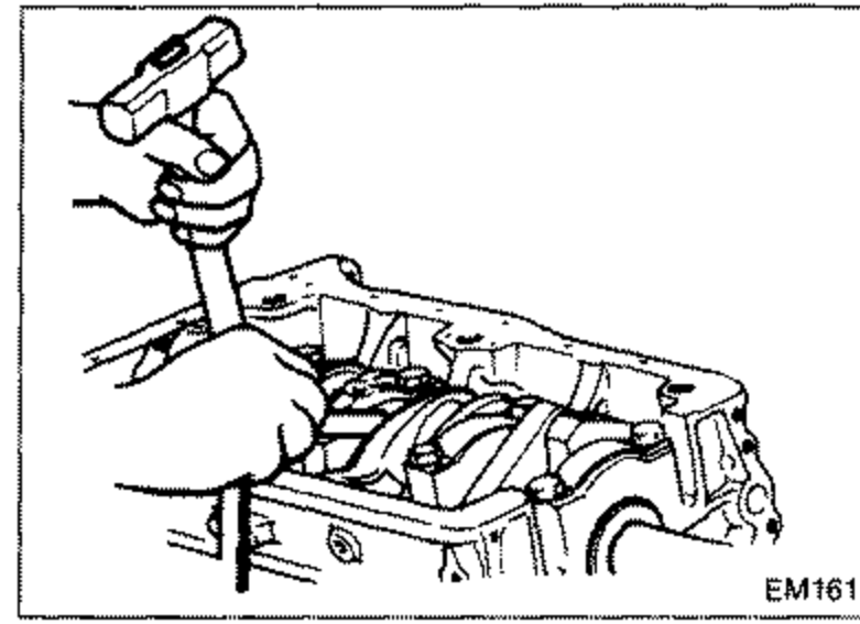 Checking crankshaft free end play (axial play) at center bearing using a measuring tool against the crankshaft.