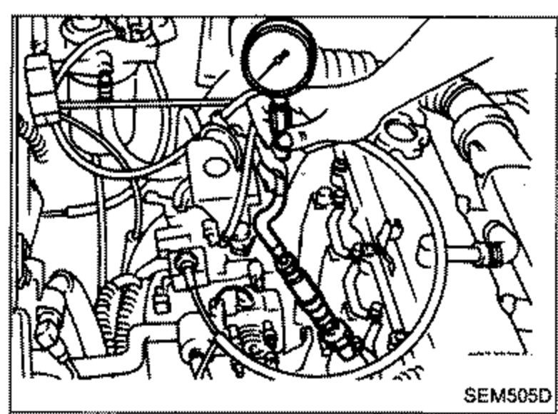 Photo of the CD20 engine top showing a compression gauge fitted to the cylinder head at a nozzle bore.