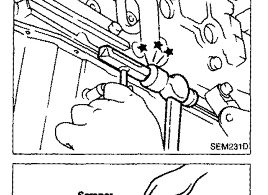 Photo showing the seal-cutter tool being slid along the oil pan/cylinder block joint, tapped with a hammer, to remove the oil pan. Stars/arrows mark cut locations.