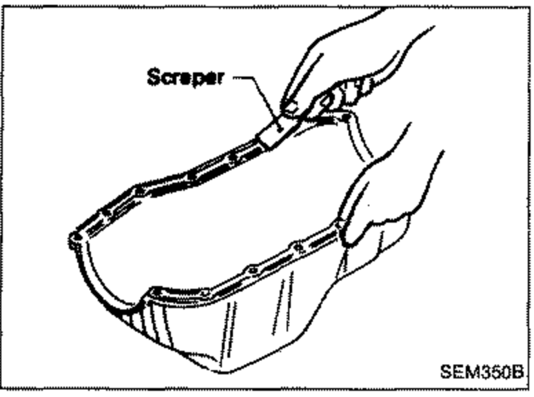 Illustration of a scraper being used to remove all traces of liquid gasket from the oil pan mating surface. The scraper is labeled.