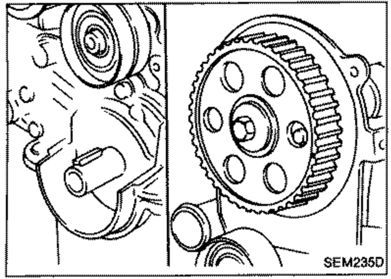 Two photos: left shows the timing belt/sprocket area; right is a close-up of the camshaft sprocket. Used to confirm No. 1 piston is set at T.D.C. on its compression stroke.