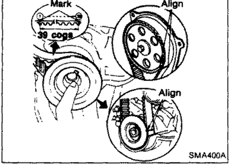 Diagram showing timing belt installation alignment. The camshaft sprocket is labeled with 'Mark' and 'Align' with a note '39 cogs'. A lower inset shows the crankshaft sprocket with 'Align' marking. Punchmarks and white lines must be aligned.