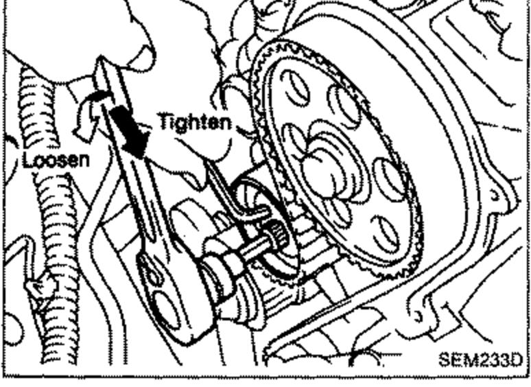 Illustration of timing belt tension adjustment. Arrows labeled 'Loosen' and 'Tighten' indicate the direction of rotation for adjusting tension on the tensioner pulley.