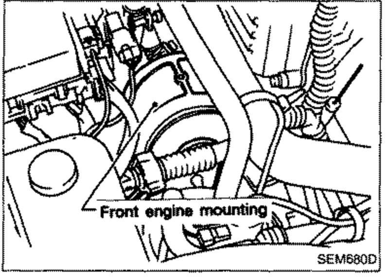 Photo-style illustration showing the front engine mounting location on the engine, for removal of the engine front mounting bracket.