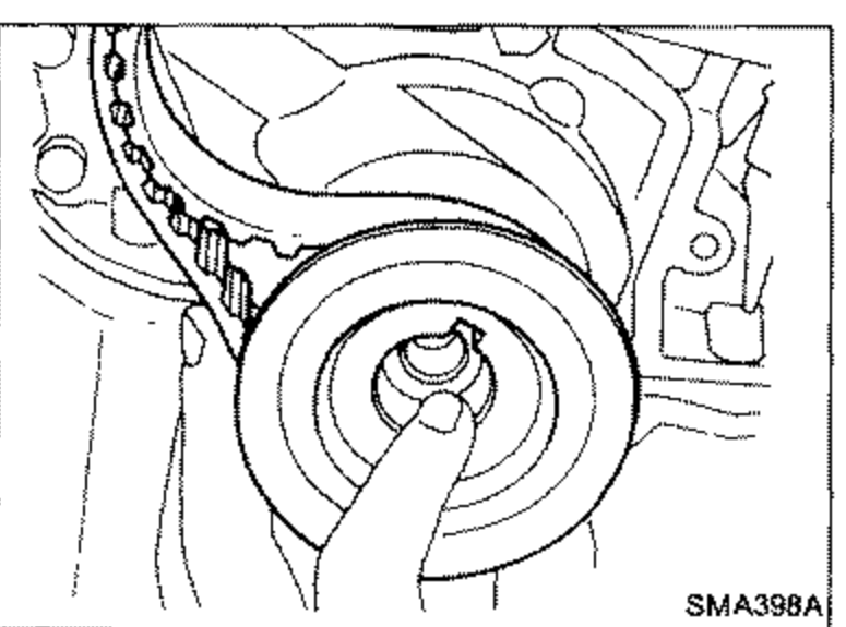 Crankshaft sprocket and timing belt at the front of the engine, illustrating removal of the timing belt with the crankshaft sprocket.
