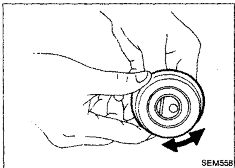 A hand turning the belt tensioner pulley, with a double-headed arrow indicating checking for smooth turning.