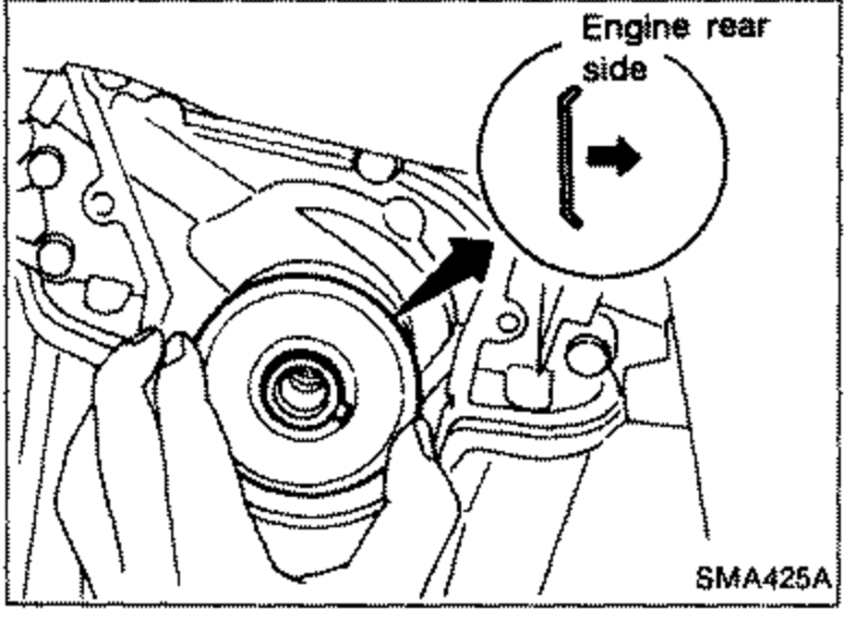 Crankshaft sprocket plate installation with an arrow labeled 'Engine rear side' indicating the correct direction to install the plate.