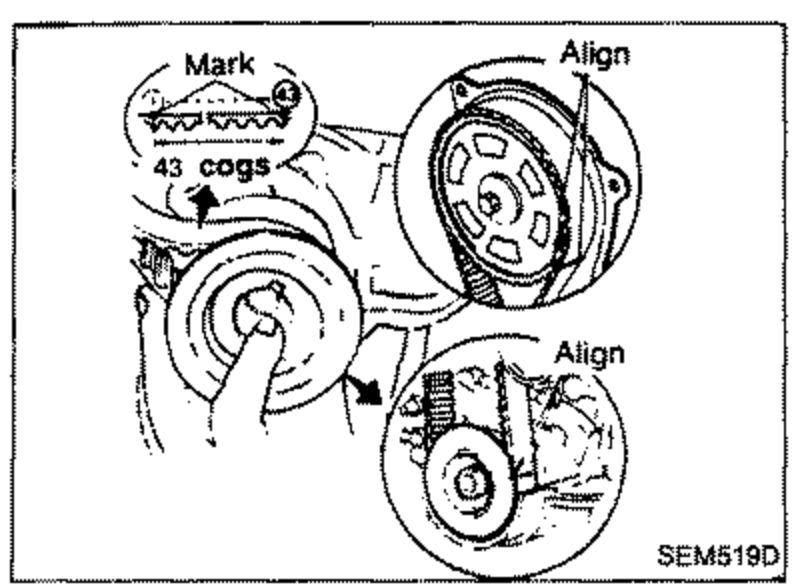 Camshaft sprocket and crankshaft sprocket with the timing belt, showing 'Mark', 'Align' labels and '43 cogs' between alignment punchmarks. Illustrates aligning white lines on the timing belt with punchmarks.