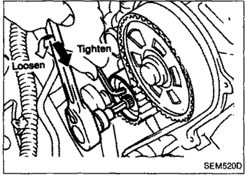 Tensioner area with arrows labeled 'Tighten' and 'Loosen' for adjusting timing belt tension via the tensioner lock bolt.