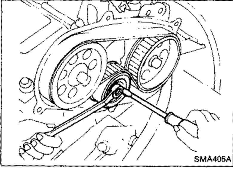 Tensioner and lock nut area with a screwdriver applying tension, illustrating belt tension adjustment.