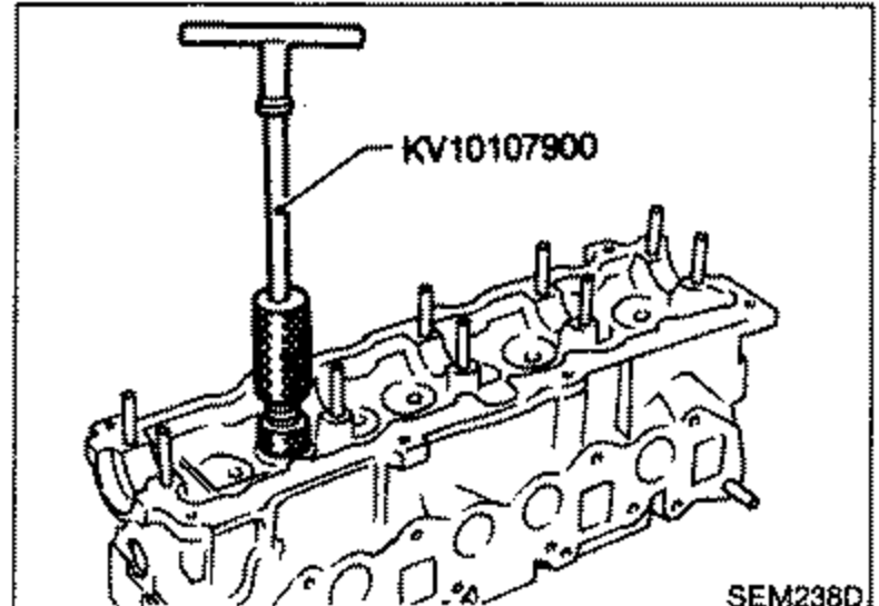 Cylinder head with valve spring compressor tool KV10107900 in use for removing valve springs and valve oil seals.