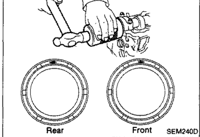A tool installing a new oil seal at left, with two oil seals shown at right labeled 'Rear' and 'Front' to confirm turning direction of both oil seals and camshaft.