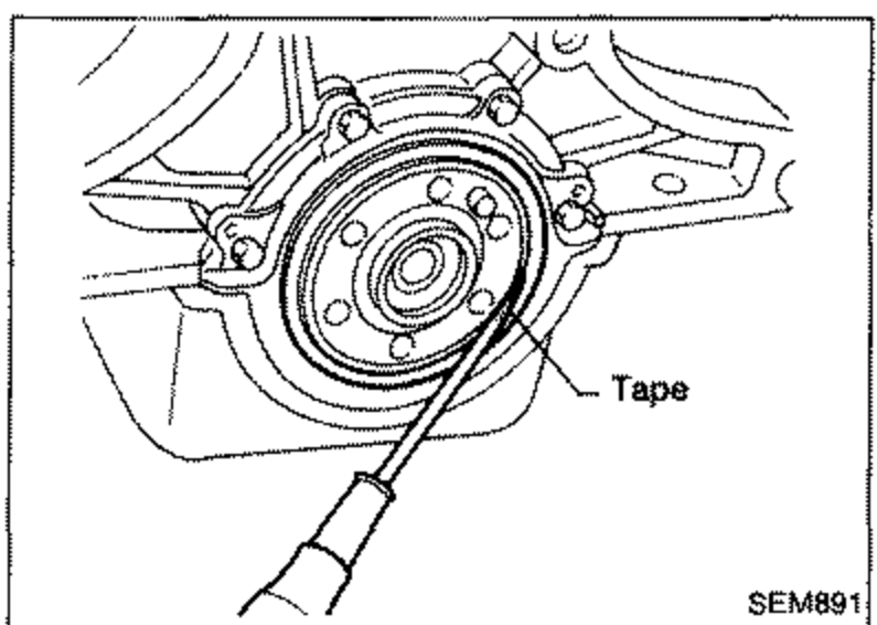 Crankshaft rear oil seal area with a suitable tool and 'Tape' applied, illustrating removing the rear oil seal.