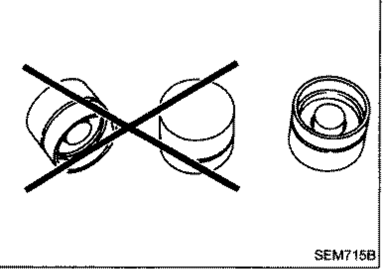 Two hydraulic valve lifters: the left one shown crossed-out (incorrect, laid flat) and the right shown upright, illustrating that lifters must not be set on their side as air will enter.