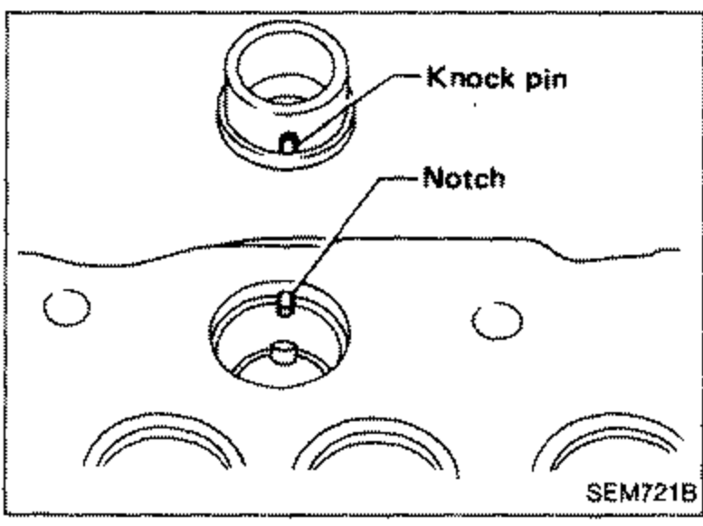 Combustion chamber installation detail showing the knock pin and the notch in the cylinder head for alignment.