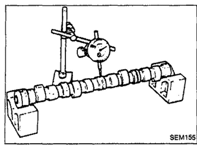 Camshaft supported on V-blocks with a dial gauge on the center journal to measure camshaft runout.