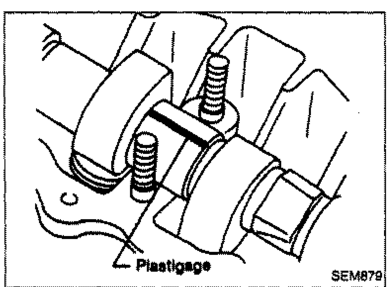 Illustration of a camshaft journal area with cam bracket caps installed and studs/nuts visible. A strip of Plastigage is laid across the camshaft journal, labeled 'Plastigage' with a leader line pointing to it.