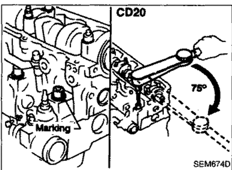 CD20 engine showing angle-tightening method. An angle gauge / wrench shows '75°' rotation. 'Marking' label with leader line at lower left. Labeled 'CD20' top-right.
