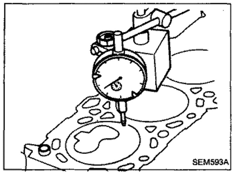Dial gauge assembly mounted on a stand resting on the cylinder block deck, with the needle positioned on a piston crown, for measuring piston projection to cylinder head surface.