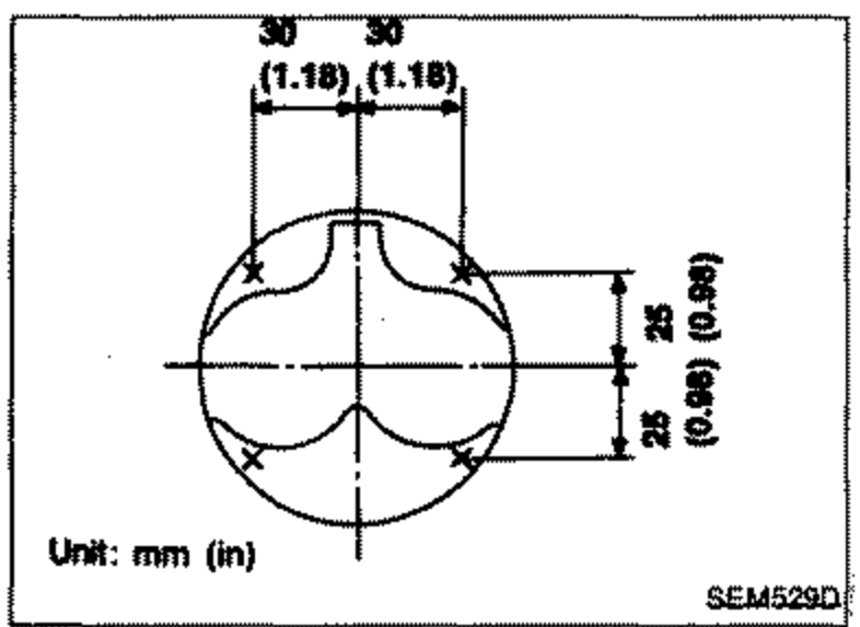 Top view of a piston crown showing measuring points and dimensions. Two horizontal dimensions at top labeled 30 (1.18) and 30 (1.18); two vertical dimensions at right labeled 25 (0.98) and 25 (0.98), defining the measuring-point positions. Unit: mm (in).
