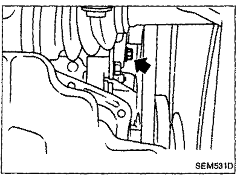 Under-engine view with a bold arrow pointing to a component (drain plug / fitting) on the cylinder block / transaxle area.