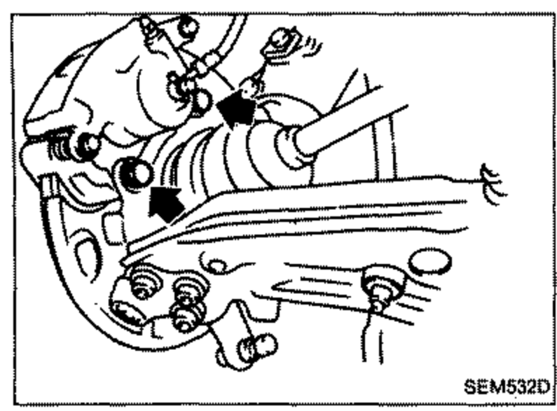 Front suspension / brake area showing the brake caliper and its mounting bolts, with bold arrows pointing to the caliper mounting bolts to be removed.