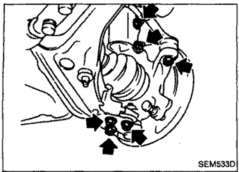 Front hub / knuckle area showing the lower ball joint and steering arm ball joint, with bold arrows pointing to the lower ball joint nuts and drive shaft. Illustrates releasing ball joints and removing drive shafts.