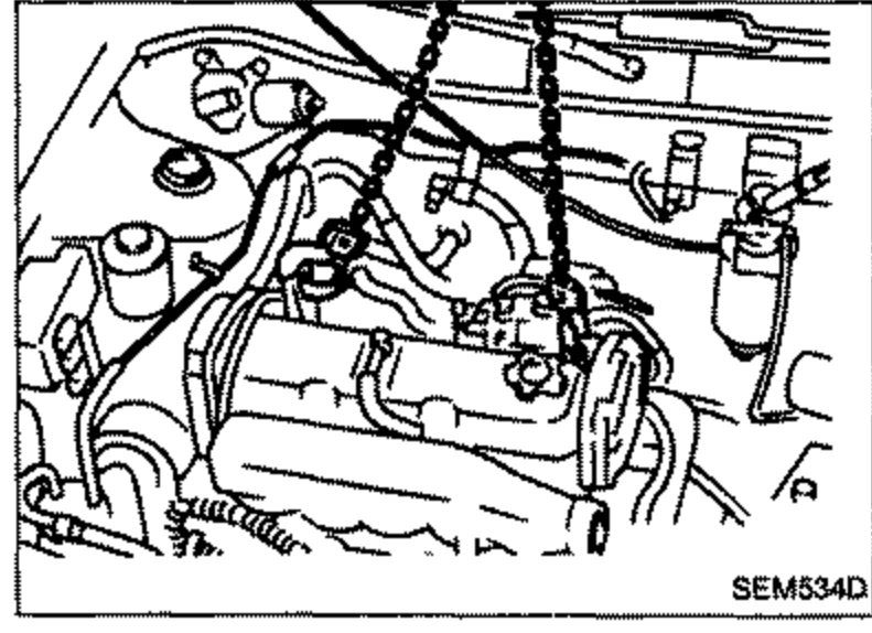 Engine bay top view showing the cylinder head and engine slinger / hoist attachment points. Illustrates mounting slingers and hoisting the engine.