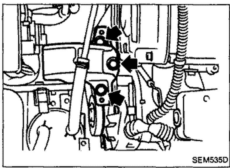 Upper engine mounting (right side) area with bold arrows pointing to the upper mounting bolts to be removed.