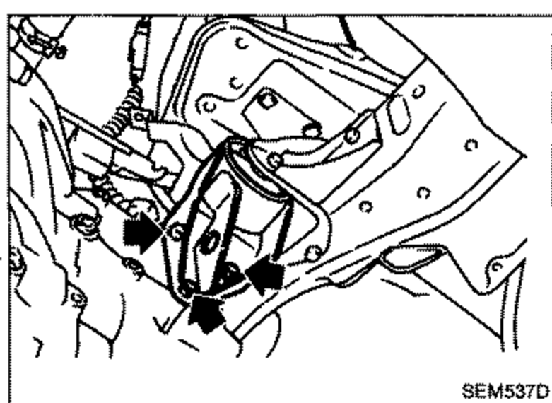 Illustration of the lower left engine mounting area viewed from below/front. Solid black arrows point to the mounting bracket bolt locations to be released. Bracket and surrounding chassis members are visible.