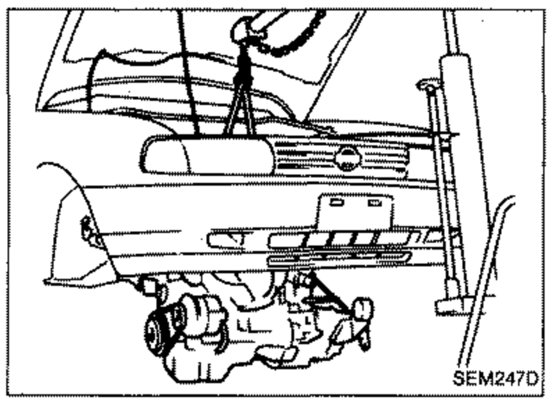 Illustration of the center member (front cross member) attached to the chassis. Four solid black arrows point to the center member fastening locations to be removed. Engine underside and transaxle visible above.