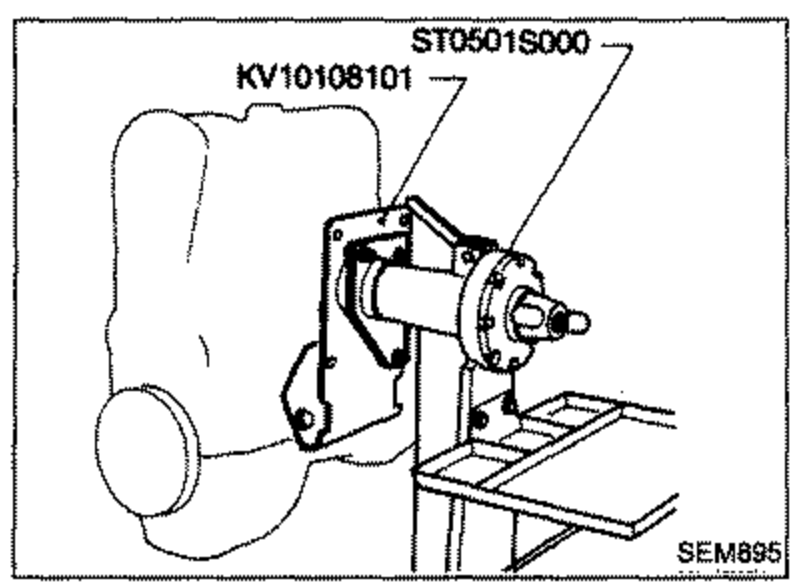 Engine mounted on a work stand using engine stand attachments ST05015S000 and KV10106101. Shows the engine block clamped to a rotating engine stand.