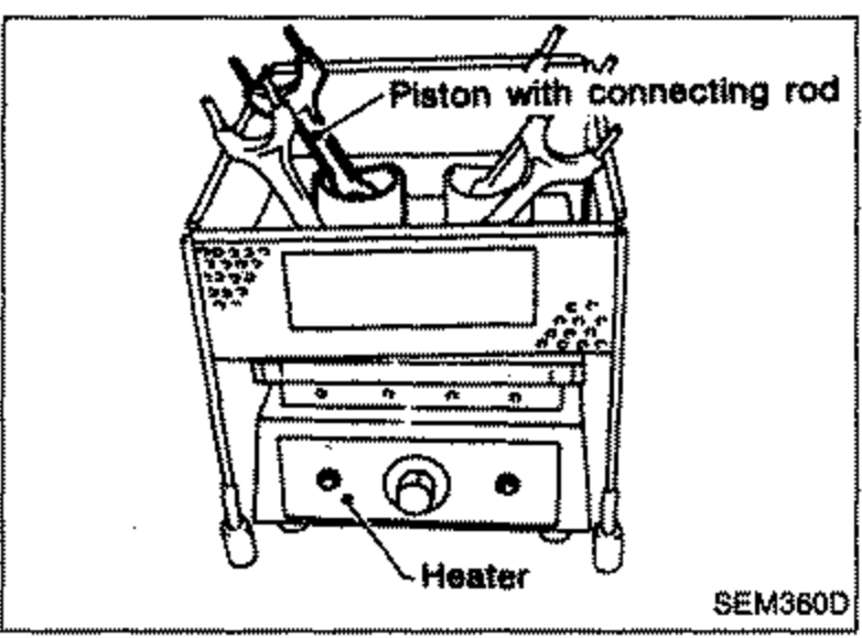 Piston with connecting rod being heated on a heater fixture. Labels indicate 'Piston with connecting rod' and 'Heater'.