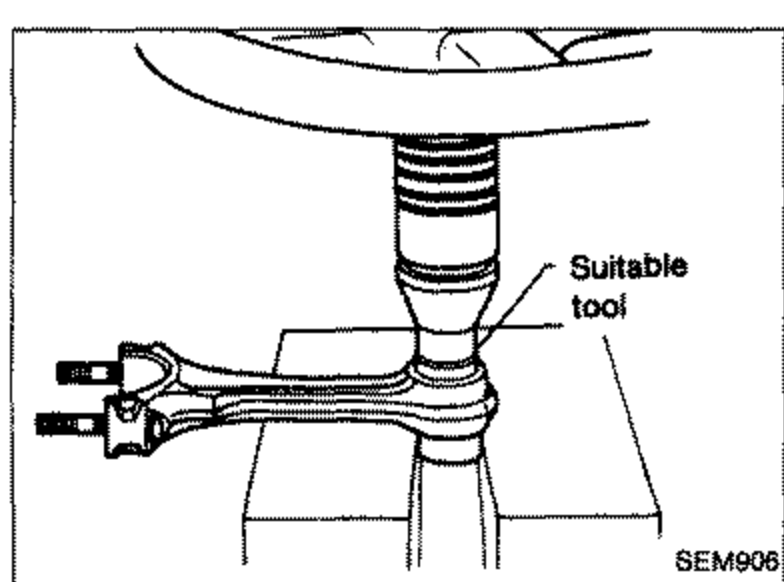 Removing the small-end bearing from a connecting rod using a suitable tool in a press. Label: 'Suitable tool'.