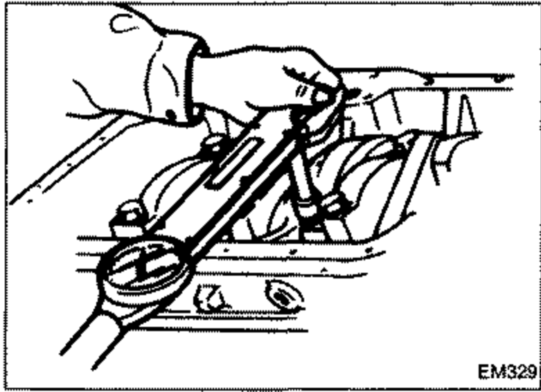 Connecting rod bearing cap being tightened with an angular tightening wrench / torque wrench. Shows the connecting rod cap area at the bottom of the engine.